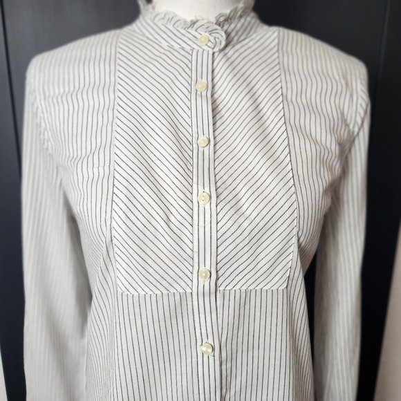 NWT Talbots Striped Ruffled Neck Roll Up Sleeve Button Up Shirt Size PS - Picture 2 of 10